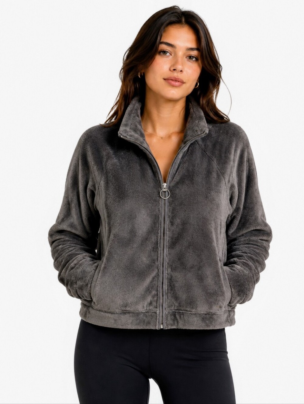 Hollister Plush Fleece Full Zip Jacket Sweater Grey Fuzzy Teddy Cozy Medium